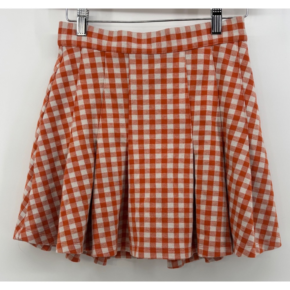Free People Honey Pleated Gingham Mini Skirt Women's 2 Orange White